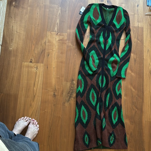 NWT / Johanna Ortiz Knot Eyelet Midi Dress / XS green black - Picture 6 of 11